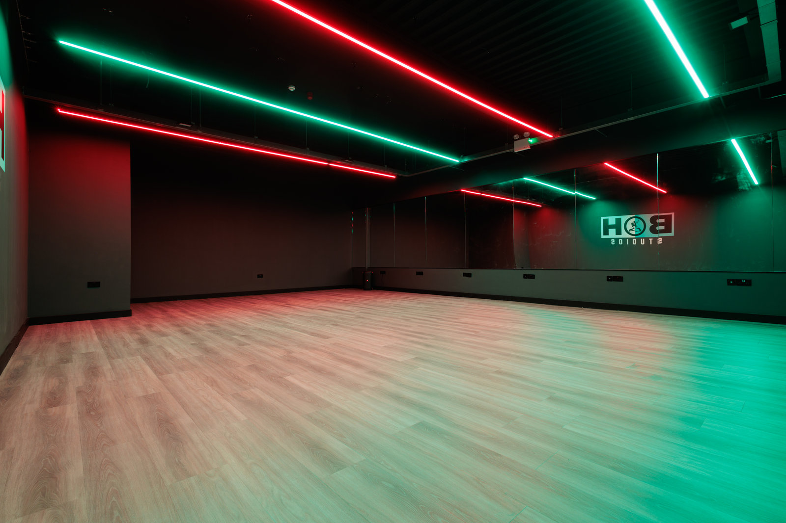 Studio 2 at BOH Studios, with mirrors and coloured lighting